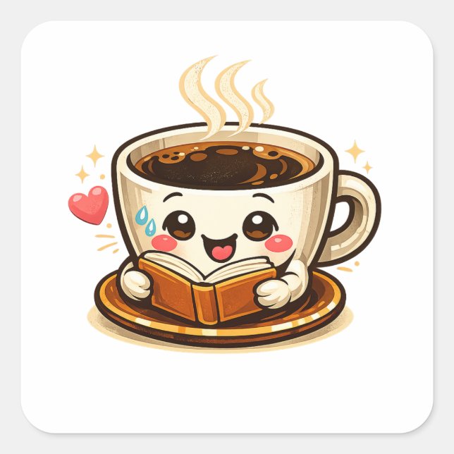 Pegatina Cuadrada Cute Coffee Reading Book | Cozy Coffee Lover (Anverso)