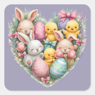 Pegatina Cuadrada Cute conejitos de Pascua y pollitos Pastel Cottage