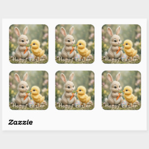Pegatina Cuadrada Cute conejo y la escena de Pascua de Chick