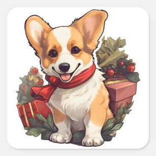 Pegatina Cuadrada Cute Corgi Merry Christmas