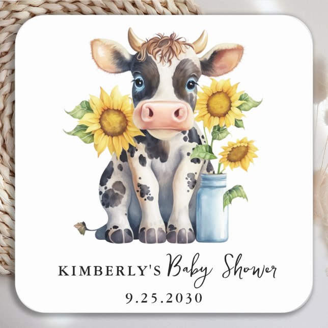 Pegatina Cuadrada Cute Cow Sunflowers Moderno Simple Farm Baby Showe (Subido por el creador)