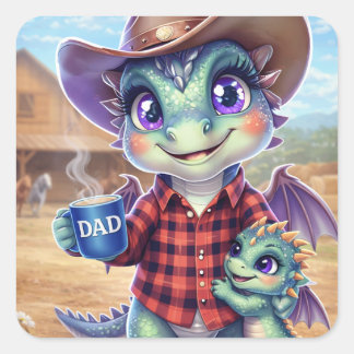 Pegatina Cuadrada Cute Cowboy Dragon Dad Square Sticker