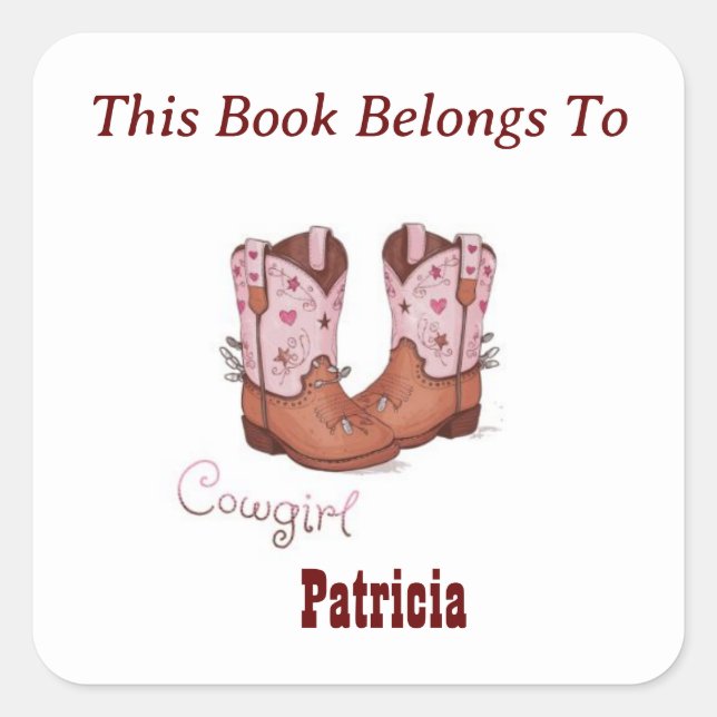 Pegatina Cuadrada Cute CowGirl Boots Este Libro Pertenece A (Anverso)
