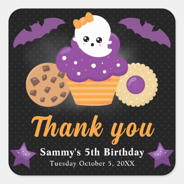 Pegatina Cuadrada Cute Cumpleaños de niños de Halloween Fantasma Cup (Anverso)