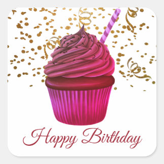 Pegatina Cuadrada Cute Cupcake Con Confeti Feliz Cumpleaños