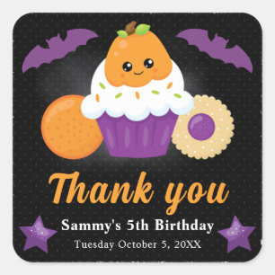 Pegatina Cuadrada Cute Cupcake de Halloween de calabaza para cumplea