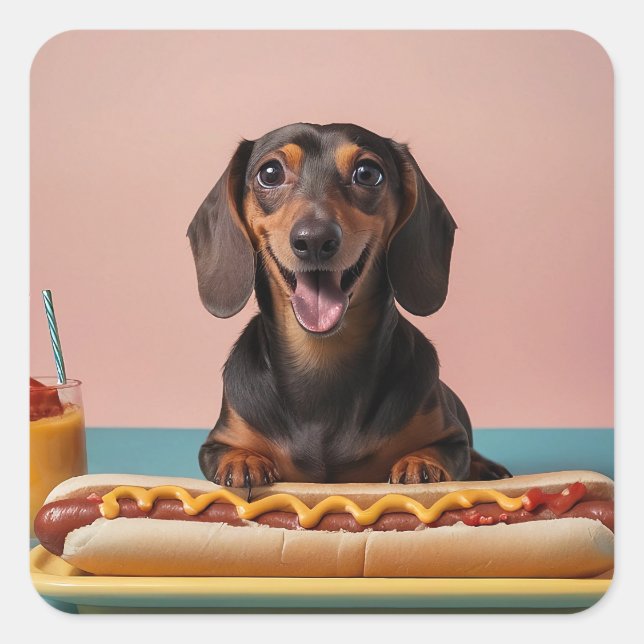 Pegatina Cuadrada Cute Dachshund Con Perro Caliente (Anverso)