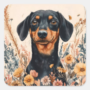 Pegatina Cuadrada Cute Dachshund con pintura de flores silvestres