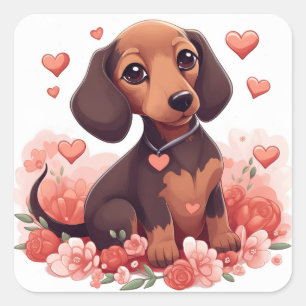 Pegatina Cuadrada Cute Dachshund Cuppy con Corazones