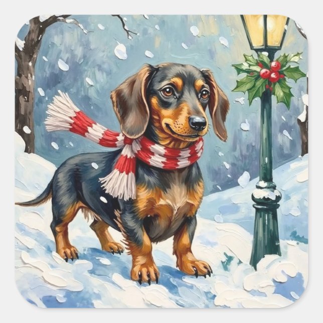 Pegatina Cuadrada Cute Dachshund Puppy Cozy Winter Scarf Art (Anverso)