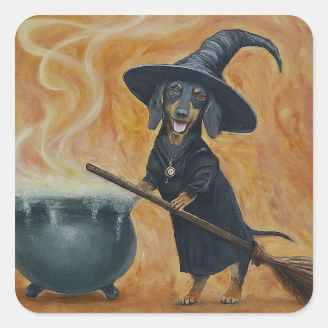 Pegatina Cuadrada Cute Dachshund Witch (Anverso)