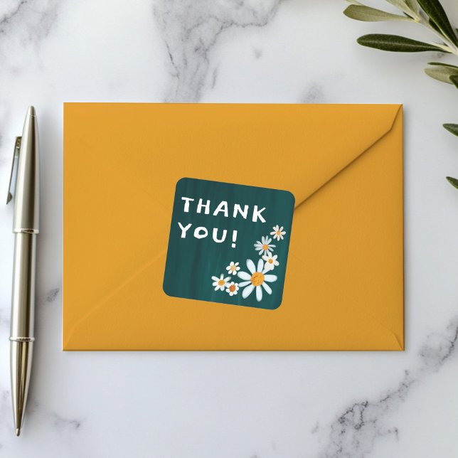 Pegatina Cuadrada Cute Daisies Gouache Personalizado Baby Shower GRA (Cute Daisies Gouache Custom  THANK YOU Square Sticker
)