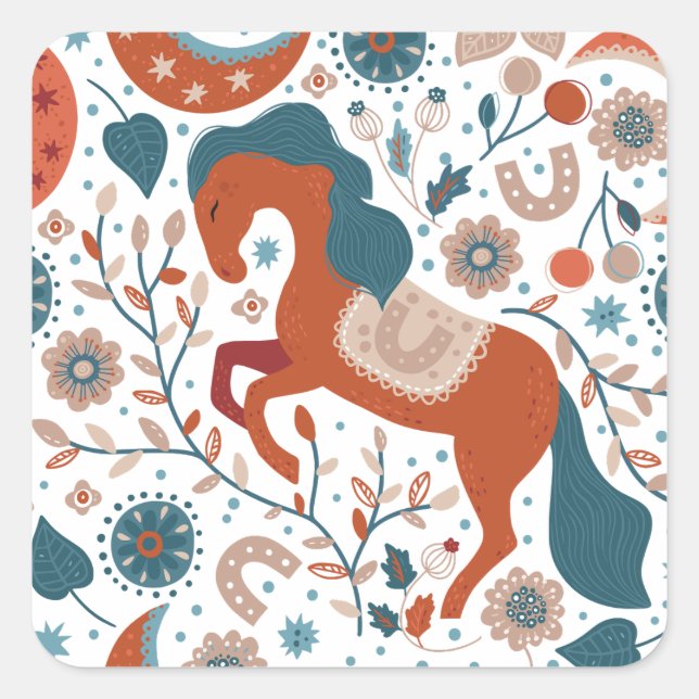 Pegatina Cuadrada Cute de caballos escandinavo (Anverso)