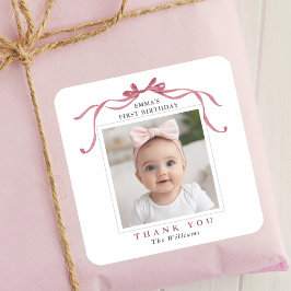 Pegatina Cuadrada Cute Deep Blush Pink Bow Birthday Thank You 