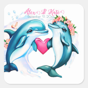Pegatina Cuadrada Cute delphin Couple Boda romántico