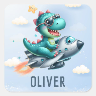 Pegatina Cuadrada Cute Dino Trex Piloto Volando Avión a Chorro