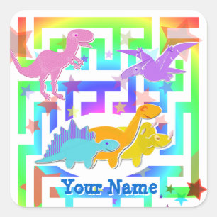 Pegatina Cuadrada Cute Dinos en un color Maze Name Stickers