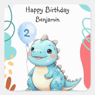 Pegatina Cuadrada Cute Dinosaur wild Boy Feliz cumpleaños fiesta
