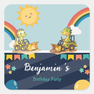Pegatina Cuadrada Cute dinosaurio Excavador tractor arco iris Cumple