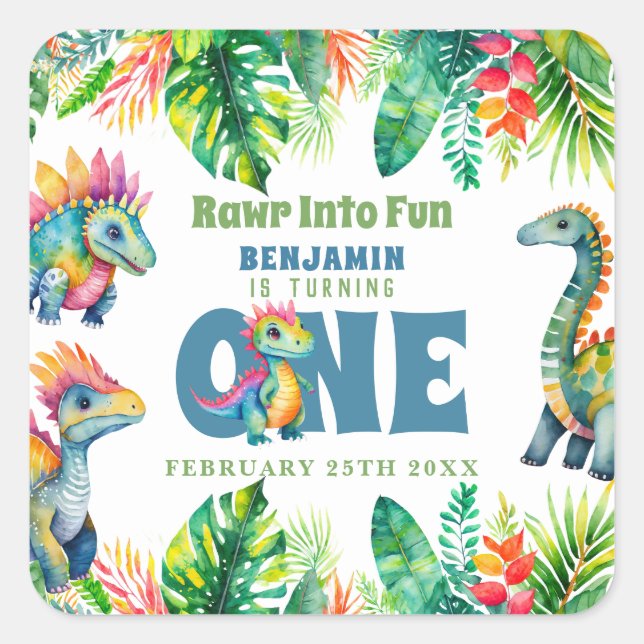 Pegatina Cuadrada Cute Dinosaurio Tema Primer cumpleaños Niño acuare (Anverso)