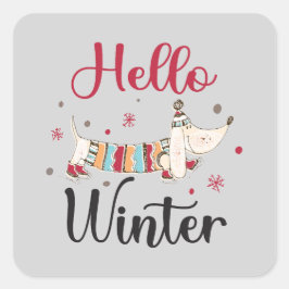 Pegatina Cuadrada Cute Dog Hello Winter