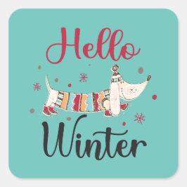 Pegatina Cuadrada Cute Dog Hello Winter