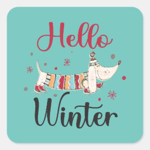 Pegatina Cuadrada Cute Dog Hello Winter