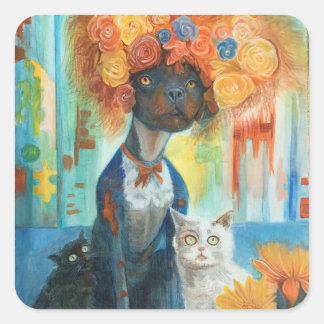 Pegatina Cuadrada Cute dog with rose hat and friends stickers