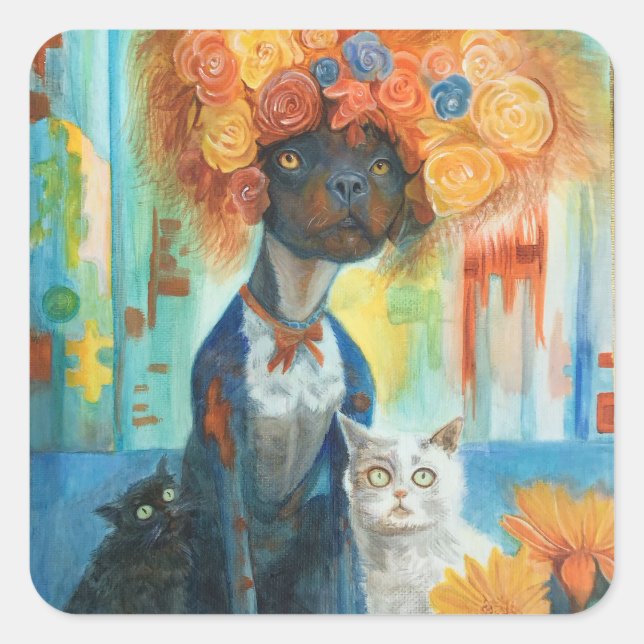 Pegatina Cuadrada Cute dog with rose hat and friends stickers (Anverso)