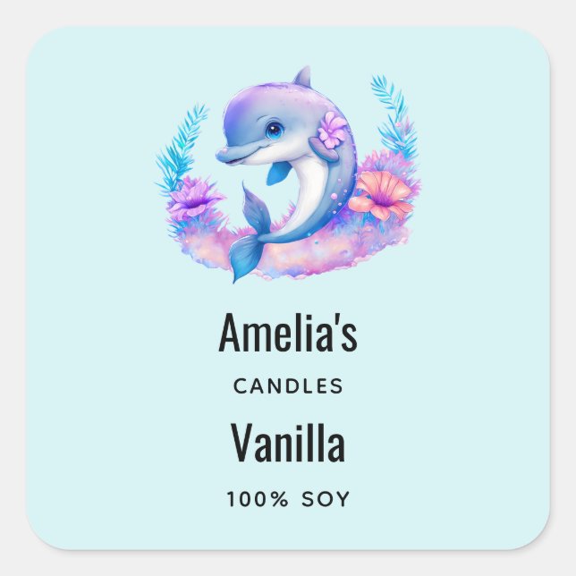 Pegatina Cuadrada Cute Dolphin Sea Creature Candle Business (Anverso)
