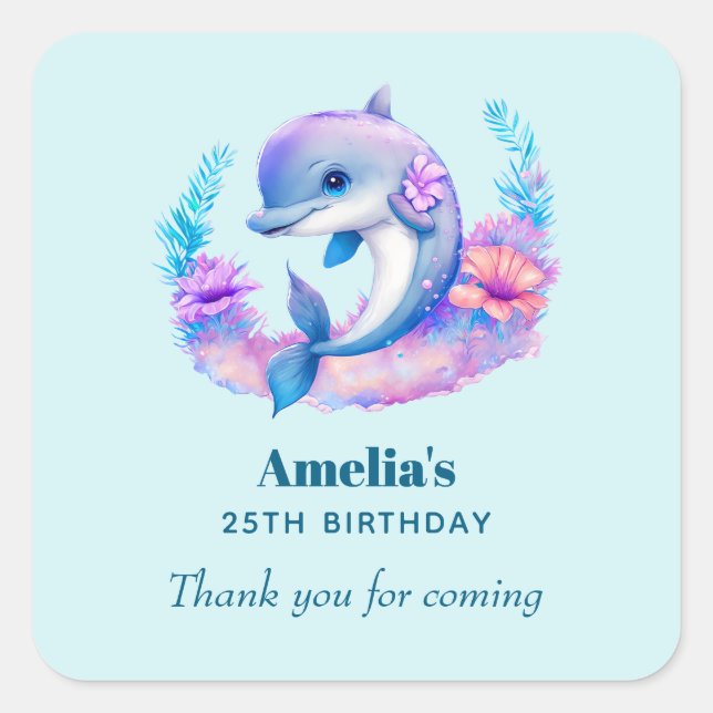 Pegatina Cuadrada Cute Dolphin Sea Creature Cumpleaños Gracias (Anverso)