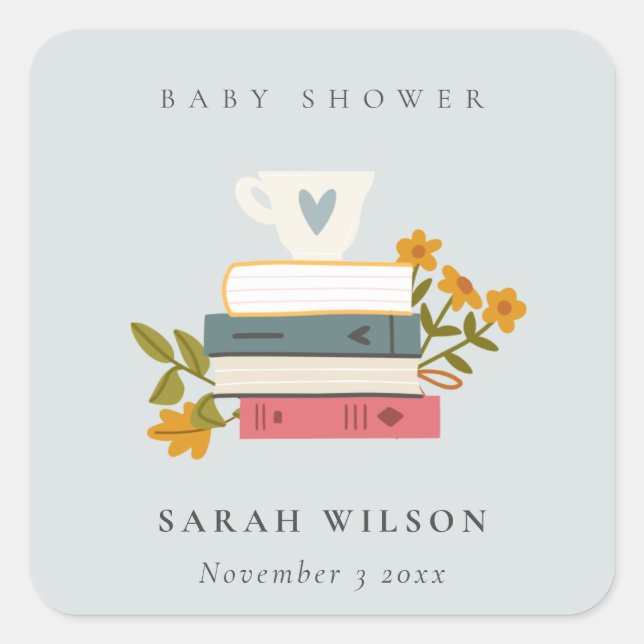 Pegatina Cuadrada Cute Dusky Stowbooks Floral Baby Shower (Anverso)