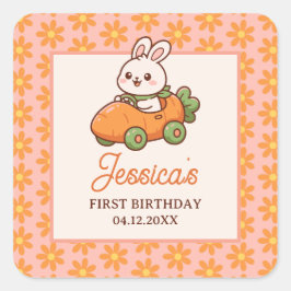 Pegatina Cuadrada Cute Easter Bunny Floral 1st Birthday Party