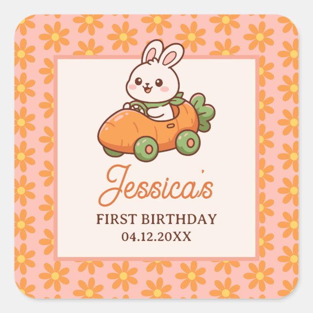 Pegatina Cuadrada Cute Easter Bunny Floral 1st Birthday Party (Anverso)