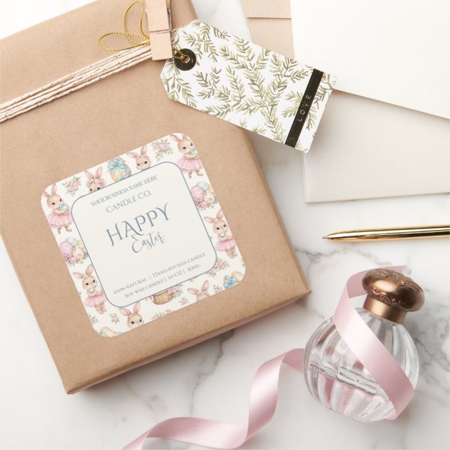 Pegatina Cuadrada Cute Easter Bunny Floral Pattern Candle Label (Regalar)
