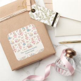 Pegatina Cuadrada Cute Easter Bunny Floral Pattern - Pastel Spring 