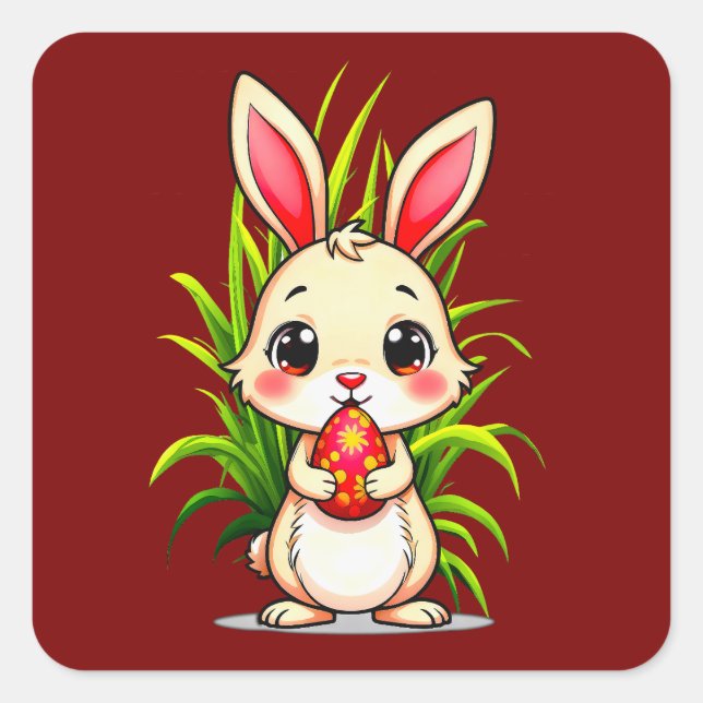 Pegatina Cuadrada Cute Easter Bunny Holding Egg - Autocolante (Anverso)