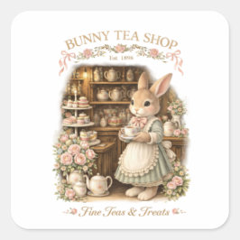 Pegatina Cuadrada Cute Easter Bunny Tea shop- Cottagecore Rabbit 