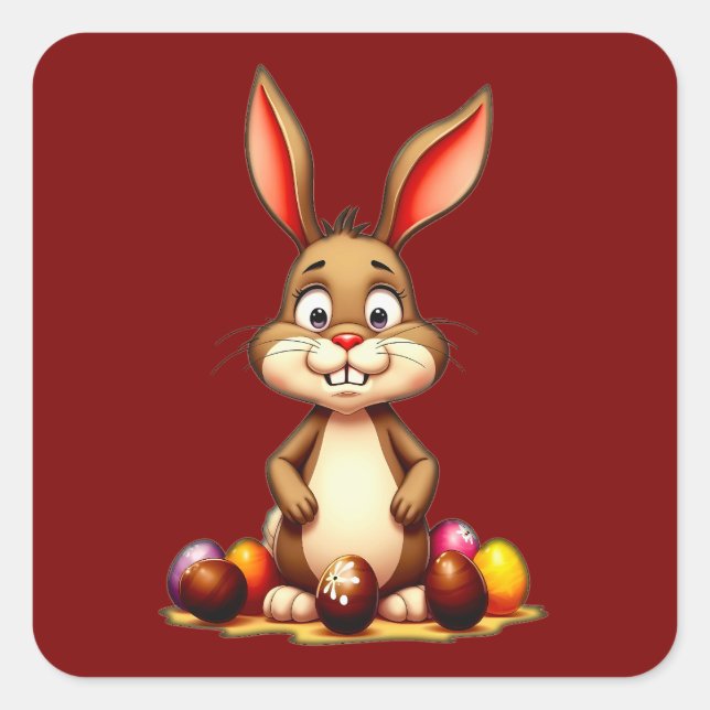 Pegatina Cuadrada Cute Easter Bunny with Chocolate Eggs Autocolante (Anverso)