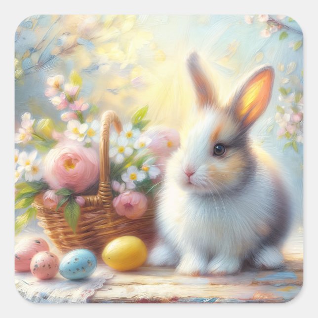Pegatina Cuadrada Cute Easter Bunny with Eggs - Pastel Spring Rabbit (Anverso)