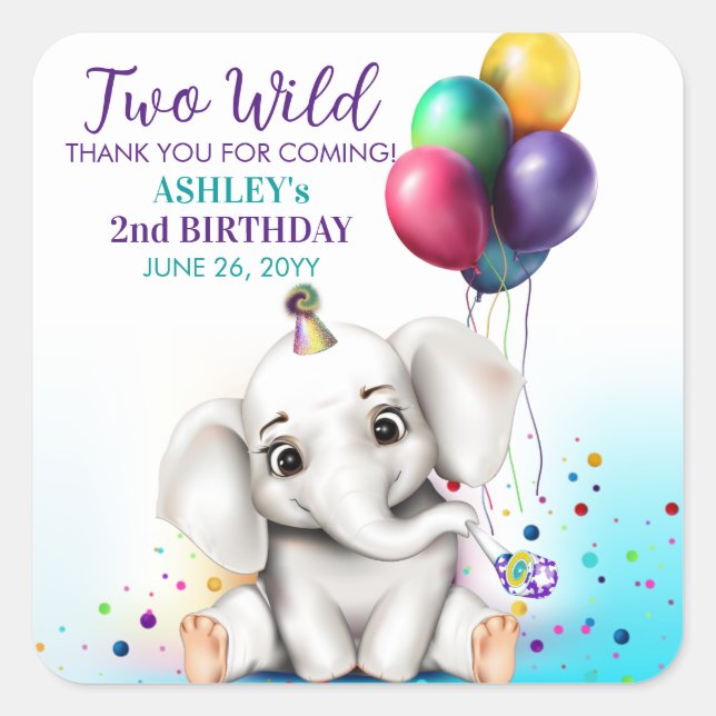 Pegatina Cuadrada Cute Elephant Birthday Party (Anverso)