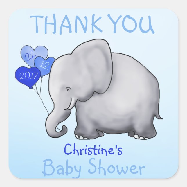 Pegatina Cuadrada Cute Elephant Blue Boy Baby Shower Gracias Por Fav (Anverso)