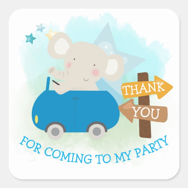 Pegatina Cuadrada Cute Elephant Car Gracias Niño Cumpleaños (Anverso)