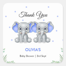 Pegatina Cuadrada Cute Elephant Twin Boys Baby Shower Gracias