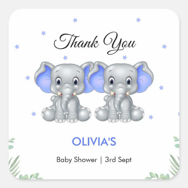 Pegatina Cuadrada Cute Elephant Twin Boys Baby Shower Gracias (Anverso)