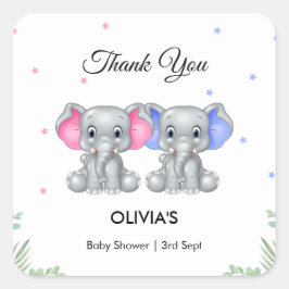 Pegatina Cuadrada Cute Elephant Twin Chica Boy Baby Shower Gracias