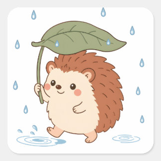 Pegatina Cuadrada Cute Erizo Paraguas de Hoja Sticker para Día Lluvi