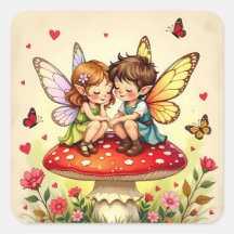 Cute Fairies on Retro Mushrooms Vintage