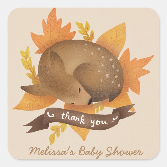 Pegatina Cuadrada Cute Fall Deer Baby Shower Gracias (Anverso)