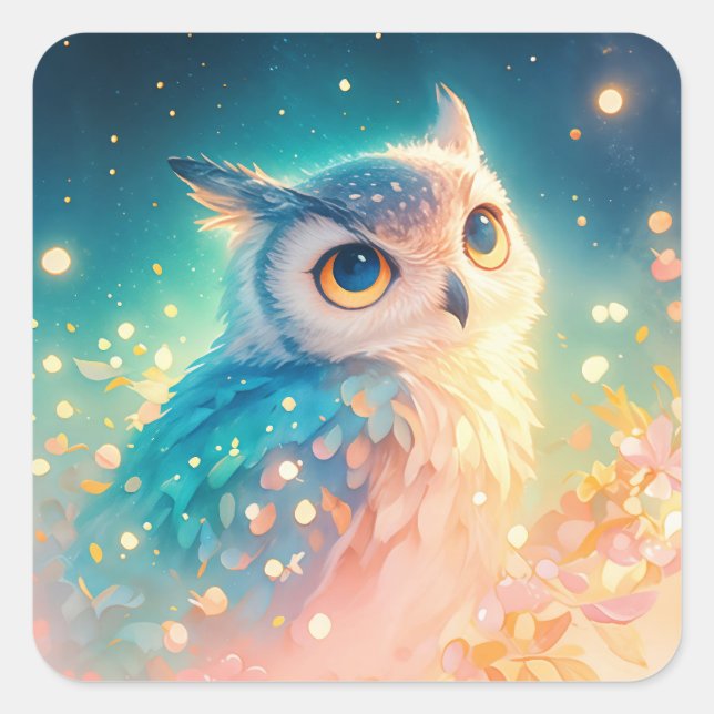 Pegatina Cuadrada Cute Fantasy Owl with Large Blue Eyes (Anverso)